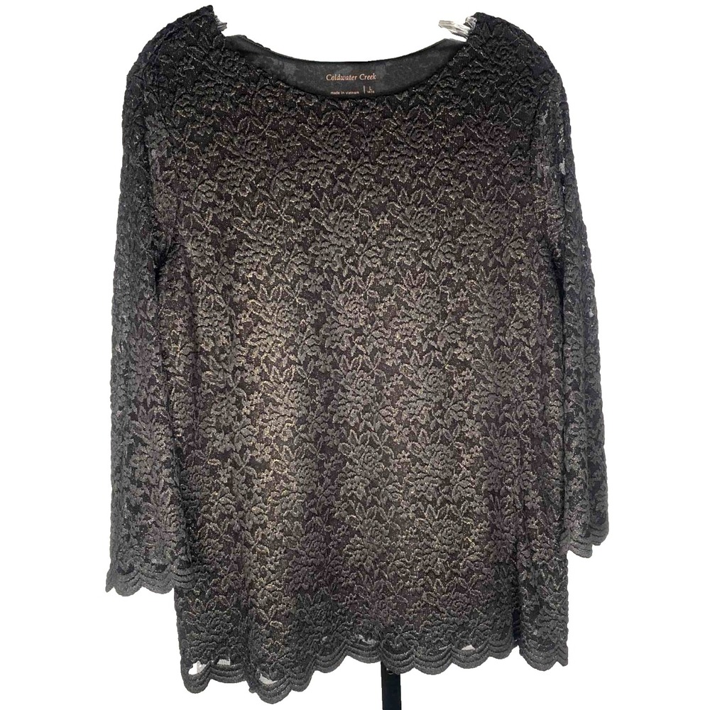 Coldwater Creek Women's Blouse Black Gold lace Scalloped Size Large whimsigoth